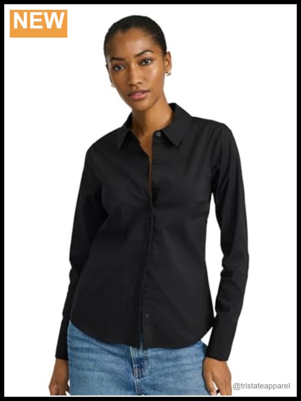 Cotton Poplin Button Down Shirt Slim Fit Long Sleeve Stretch Blouse (Size Small)